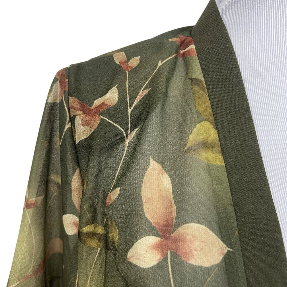 Sara‎ Morgan Open Front Blouse Green Floral Semi Sheer Top With Necklace L Large - Picture 2 of 7